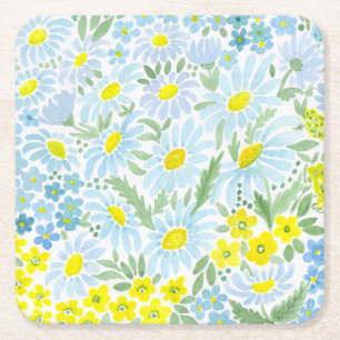 Watercolor daisies square paper coaster