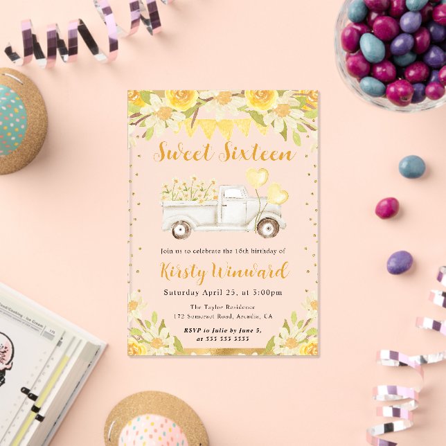 Watercolor Daisies Truck and Flowers Sweet Sixteen Acrylic Invitations (Insitu (Celebration))