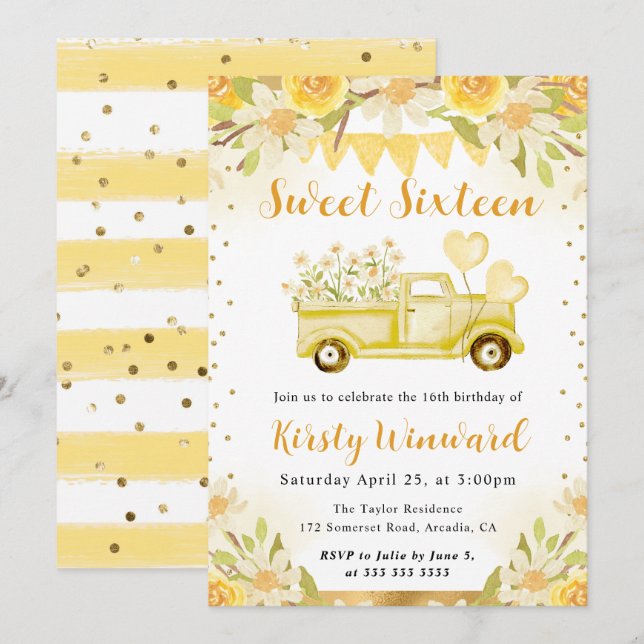 Watercolor Daisies Truck and Flowers Sweet Sixteen Invitation (Front/Back)