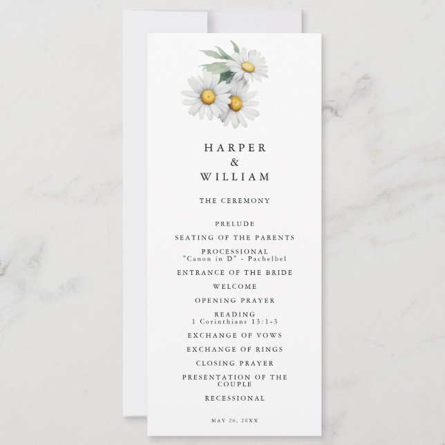 Watercolor daisies wedding program invitation (Front)