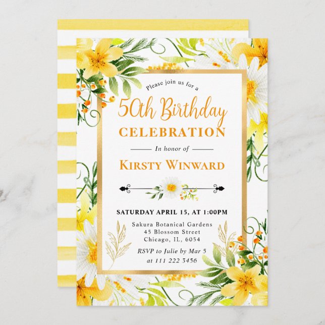Watercolor Daisies & Yellow Flowers 50th Birthday Invitation (Front/Back)
