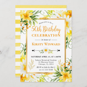 Watercolor Daisies & Yellow Flowers 50th Birthday Invitation