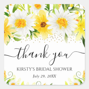 Watercolor Daisies & Yellow Flowers Bridal Shower Square Sticker