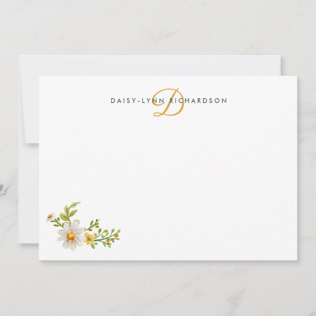 Watercolor Daisies Yellow Monogram Card (Front)