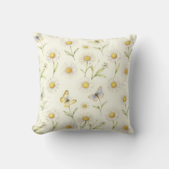 Watercolor Daisy and Butterfly Meadow Pattern Cushion (Front)