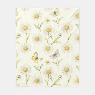 Watercolor Daisy and Butterfly Meadow Pattern Fleece Blanket