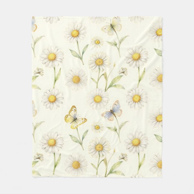 Watercolor Daisy and Butterfly Meadow Pattern Fleece Blanket (Front)