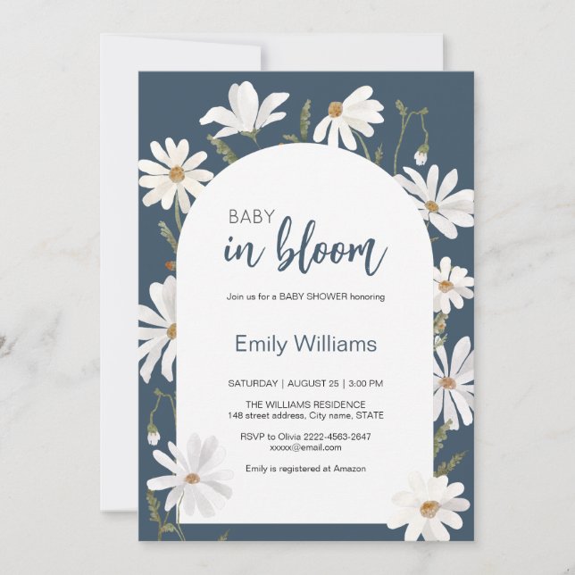 Watercolor daisy baby in bloom flower baby shower invitation (Front)