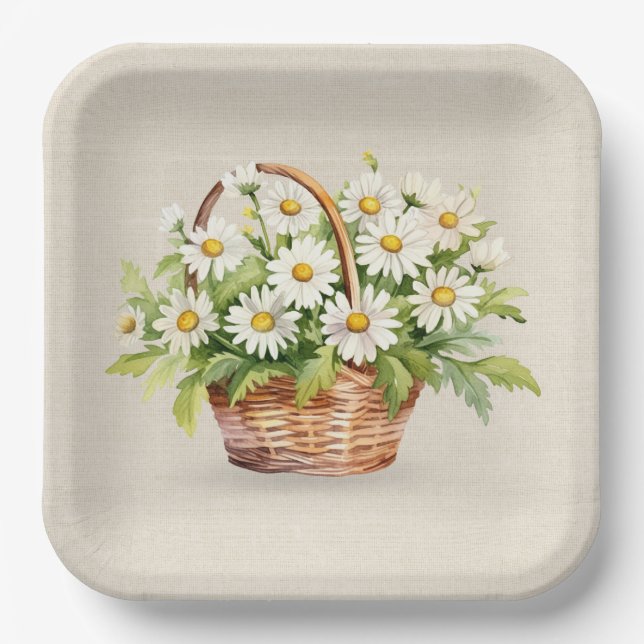 Watercolor Daisy Bouquet In Basket Paper Plate (Front)