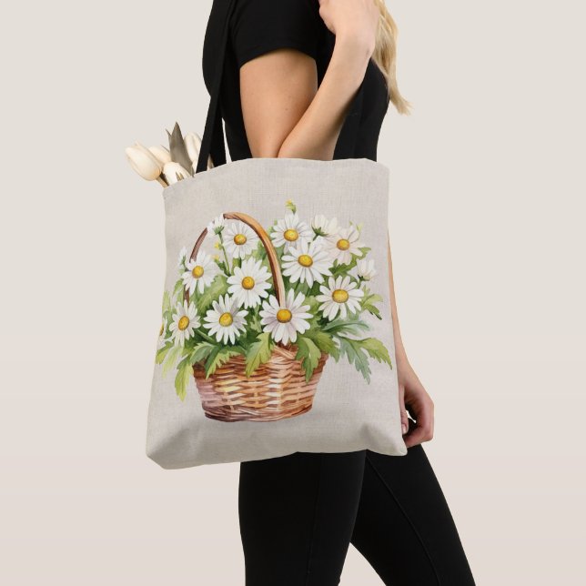 Watercolor Daisy Bouquet In Basket Tote Bag (Close Up)