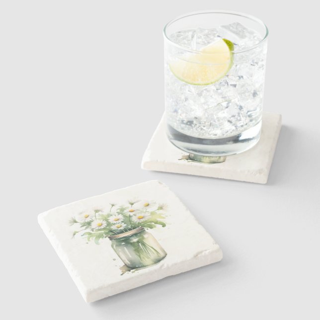Watercolor Daisy Bouquet In Mason Jar Stone Coaster (Side)