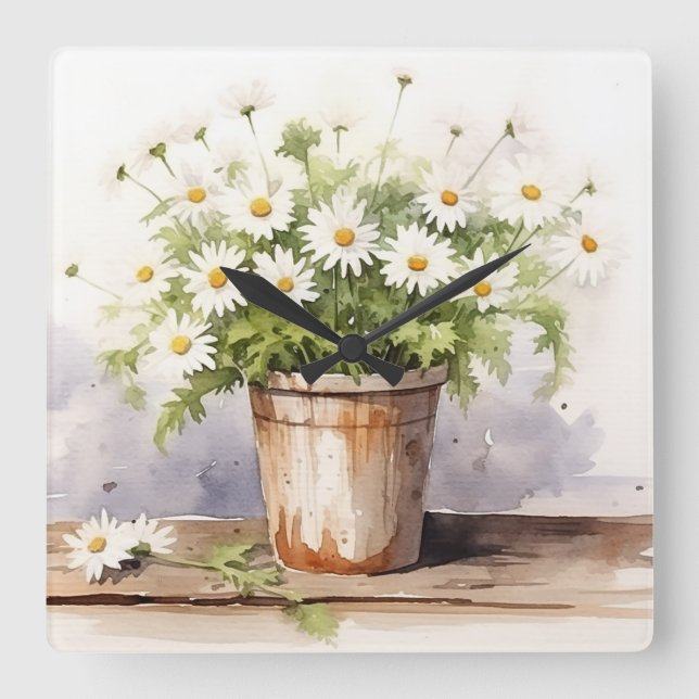 Watercolor Daisy Bouquet In Pot Square Wall Clock (Front)