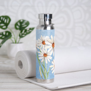 Watercolor Daisy Bouquet On Blue Water Bottle