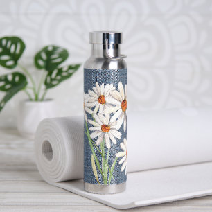 Watercolor Daisy Bouquet On Denim Water Bottle