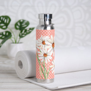 Watercolor Daisy Bouquet On Dots Water Bottle