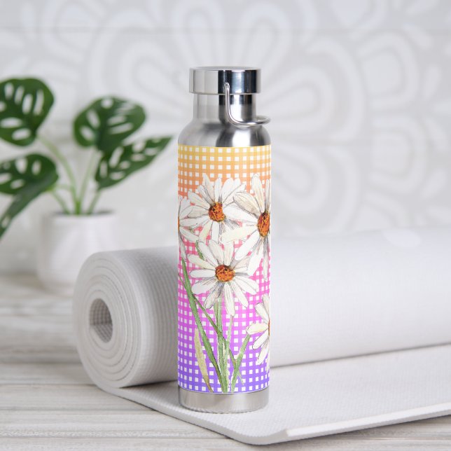Watercolor Daisy Bouquet On Gingham Water Bottle (Yoga)