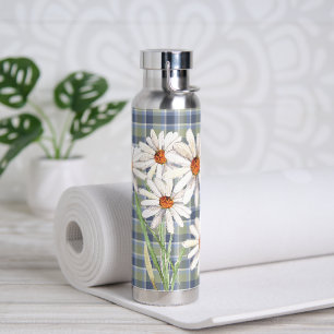 Watercolor Daisy Bouquet On Plaid Water Bottle