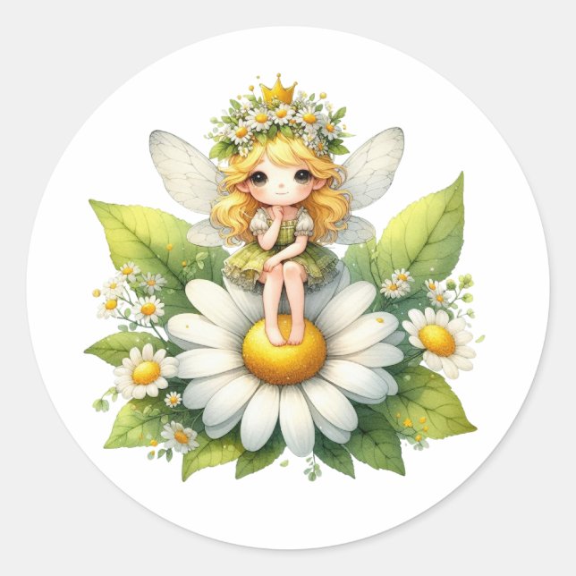 Watercolor Daisy Fairy Classic Round Sticker (Front)
