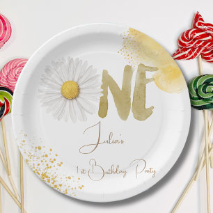 Watercolor daisy first Birthday Paper Plate