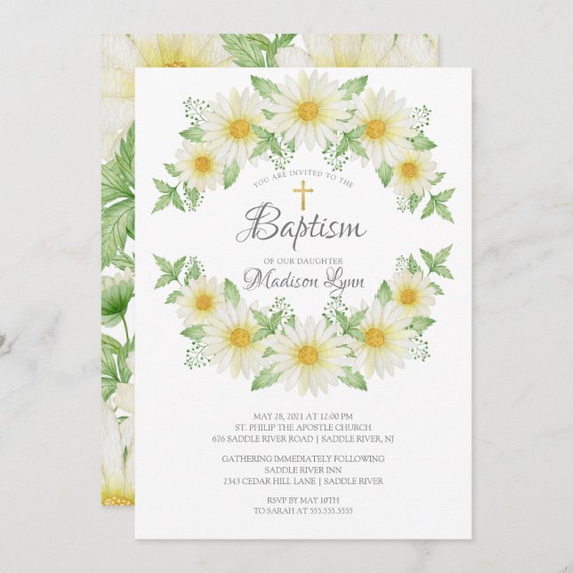 Watercolor Daisy Floral Baptism Invitation (Front/Back)