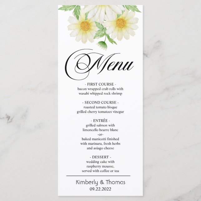 Watercolor Daisy Flowers Wedding Dinner Menu (Front)