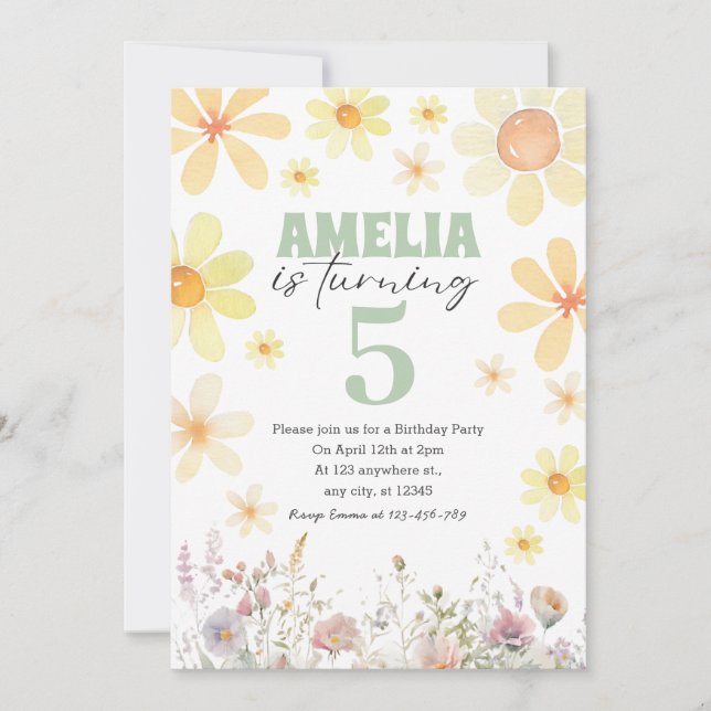 Watercolor Daisy Pastel Green Birthday Invitation (Front)