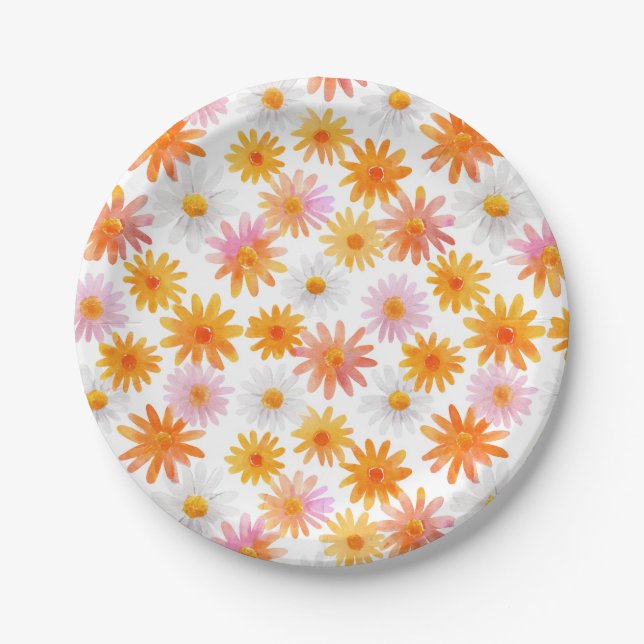 Watercolor Daisy Pattern Pastel Baby Shower  Paper Plate (Front)