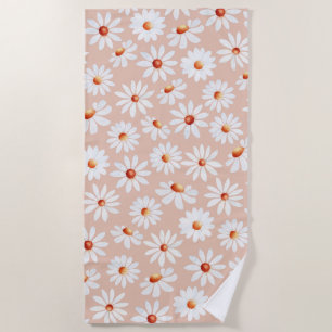 Watercolor Daisy Pattern Pink Blush Background  Beach Towel