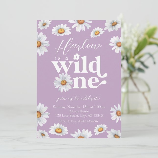 Watercolor Daisy Wild One Girl's first Birthday Invitation (Standing Front)