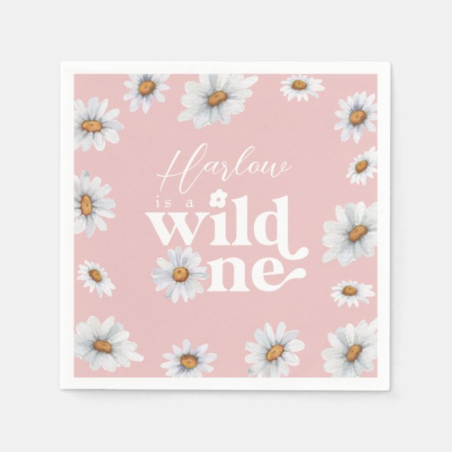 Watercolor Daisy Wild One Girl's first Birthday Napkin (Front)