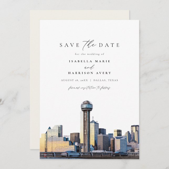 Watercolor Dallas Texas Skyline Save the Date Invitation (Front/Back)