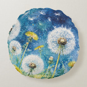 Watercolor Dandelion Dreams Geometric Floral Round Cushion