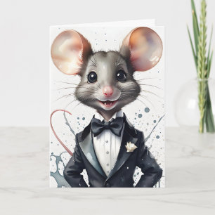 Watercolor Dapper Mouse in Tuxedo Formal Greeting Card