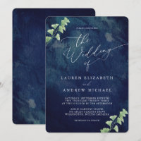 Watercolor Dark Blue Greenery Wedding Invitation