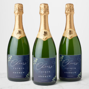 Watercolor Dark Blue Greenery Wedding Sparkling Wine Label
