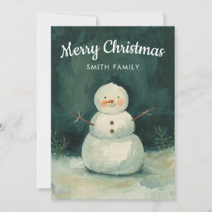 Watercolor Dark Green Cute Snowman Christmas Holiday Card