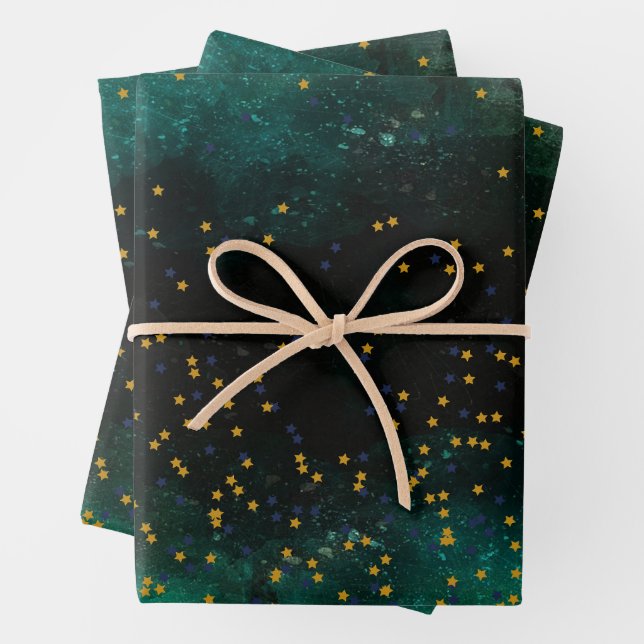 Watercolor Dark Green with Golden Stars  Wrapping Paper Sheet (In situ)