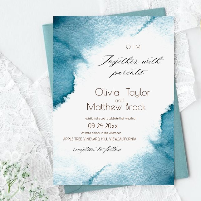 Watercolor Dash Elegant Modern Blue Wedding Invitation (Creator Uploaded)