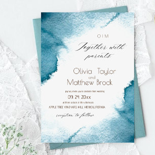 Watercolor Dash Elegant Modern Blue Wedding Invitation