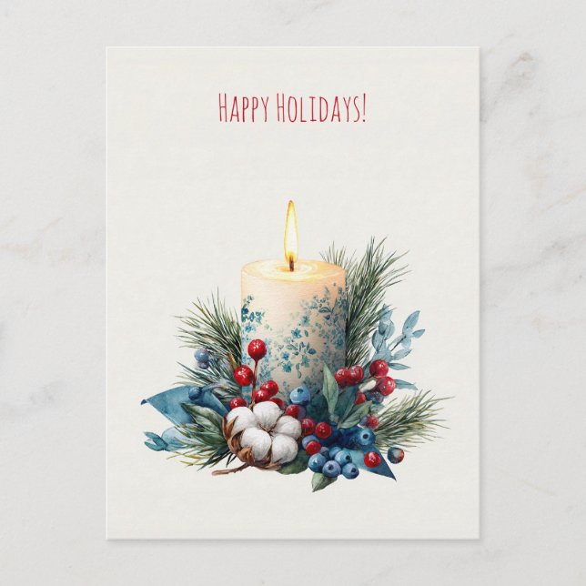 Watercolor decorated Christmas Candle Holiday Postcard (Front)
