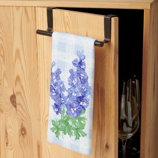 Watercolor Deep Blue Delphinium Pale Blue Gingham Tea Towel (Thirds Fold)
