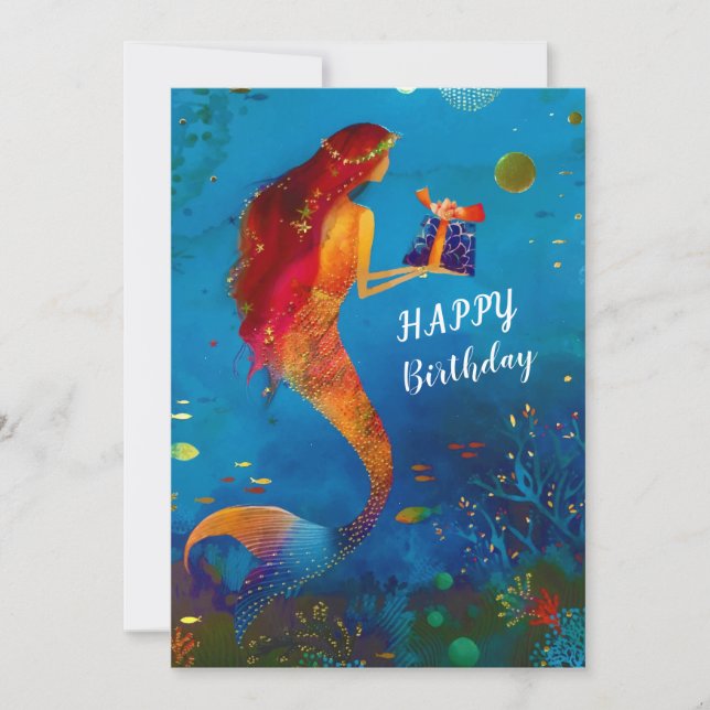 Watercolor Deep Blue Sea Glitter Mermaid Holiday Card (Front)