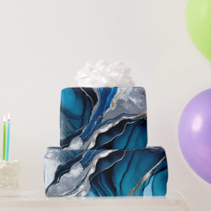 Watercolor Deep Blue, Silver and Gold Alcohol Ink Wrapping Paper