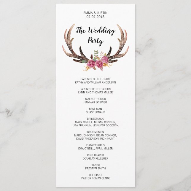 Watercolor Deer Antlers Bohemian Country Wedding Programme (Front)