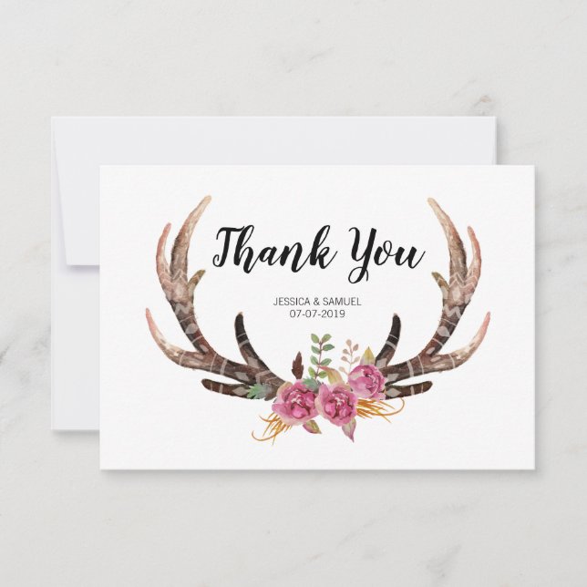 Watercolor Deer Antlers Bohemian Country Wedding Thank You Card (Front)