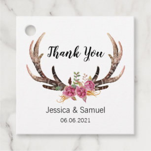 Watercolor Deer Antlers Bohemian Wedding Thank You Favour Tags