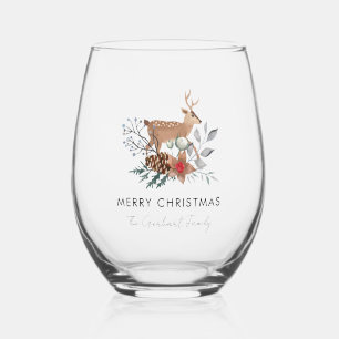 Watercolor Deer Botanical Christmas Holiday Stemless Wine Glass