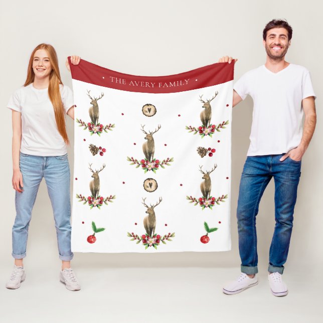Watercolor Deer Christmas Idyll Design Fleece Blanket (In Situ)