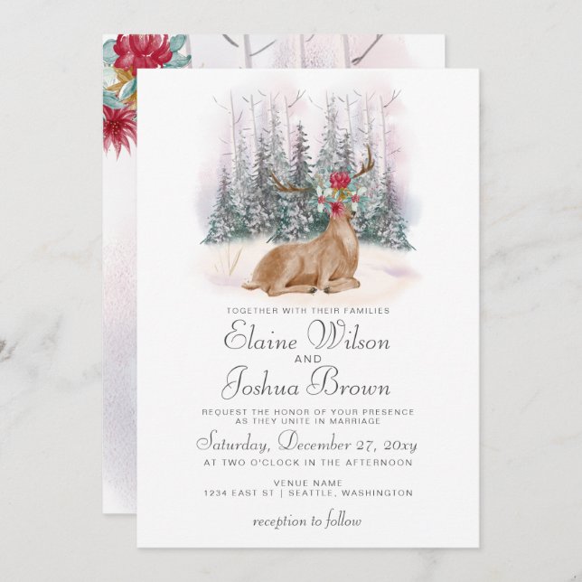Watercolor Deer Floral Antler Pine Winter Wedding Invitation (Front/Back)
