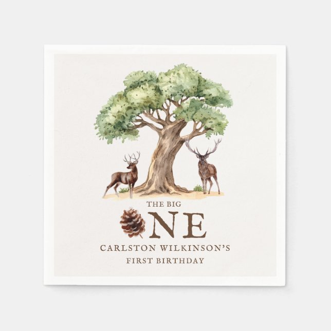Watercolor Deer Forest First Birthday Napkins (Front)